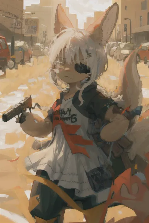 1girl, solo, furry, fluffy, brown fur, short hair, nanachi (made in abyss), animal ears, tail, yellow eyes, eye patch, left eye patch, scar on face, hoodie, gun, pistol, Glock, holding weapon, aiming at viewer, action pose, t-shirt, hand on hip, tattered c...