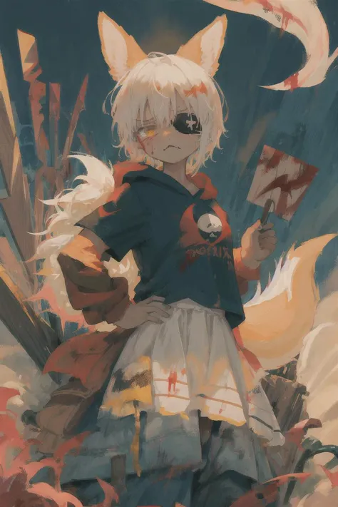 1girl, solo, furry, fluffy, brown fur, short hair, nanachi (made in abyss), animal ears, tail, yellow eyes, eye patch, left eye patch, scar on face, blood, blood on face, gore, hoodie, knife, blade, holding a knife, aiming at viewer, action pose, t-shirt, ...