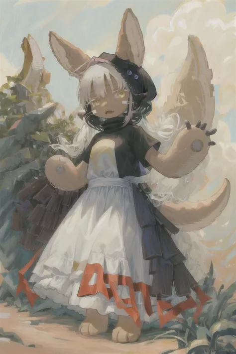 1girl, solo, furry, fluffy, brown fur, short hair, nanachi (made in abyss), animal ears, tail, yellow eyes, hijab, long dress, t-shirt, hand on hip, :3, open mouth, standing, looking at viewer, outdoors, city <lora:char-nanachi:1>