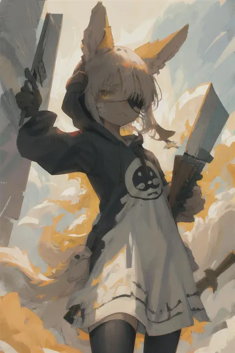 1girl, solo, furry, fluffy, brown fur, short hair, nanachi (made in abyss), animal ears, tail, yellow eyes, eye patch, left eye patch, scar on face, hoodie, knife, blade, holding a knife, aiming at viewer, action pose, t-shirt, hand on hip, tattered clothi...