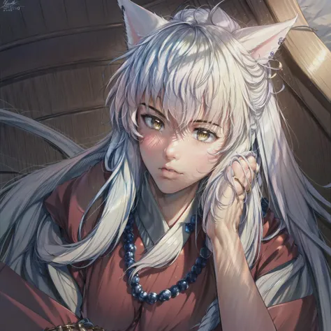 ((1boy, inuyasha)), blue hair, white headwear, gold earrings, BREAK,  close-up, 
masterpiece, high quality cg, best quality, cheek squash, BREAK, (1boy, pov, disembodied hands, white sleeves), hands on anothers cheeks, puffy cheeks, BREAK <lora:cheeksquish...