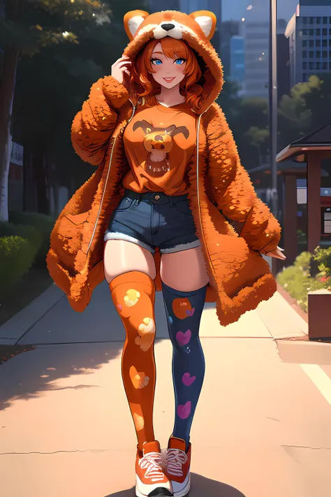 anime girl in a bear costume walking down a sidewalk