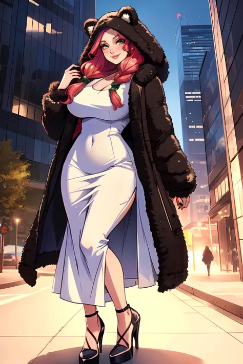 anime girl in white dress and black coat walking down a city street