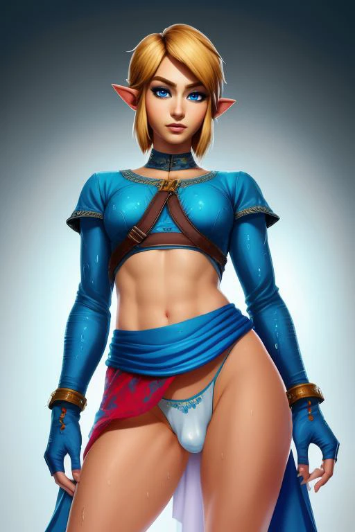 illustrated painting, Link,short blond hair,pointy ears, trans, large penis bulge, blue eyes, big cock, futa, light makeup, midriff, flat chest, navel, pose, blue skirt, pelvic curtain, hips, elbow gloves, blue thong, night, lake, wet, (insanely detailed, ...