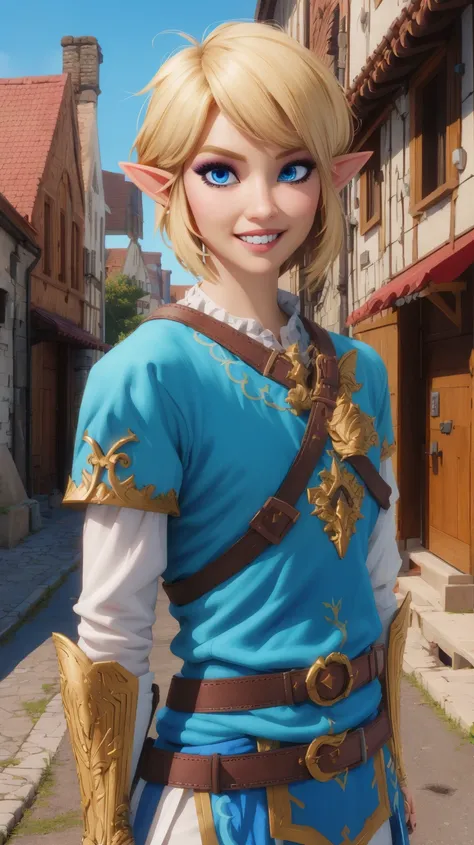 Link,short blond hair,pointy ears,blue eyes,light makeup,
LGear,belt,bridal gauntlets,blue tunic,
mercenary tavern,outside,village,street,
(insanely detailed, beautiful detailed face, masterpiece, best quality) standing,upper body,smiling,
<lora:fbLink-10v...