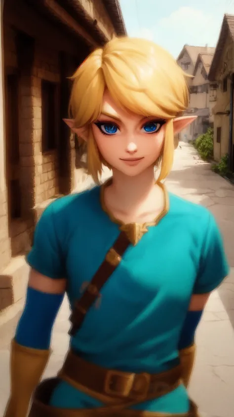 Link,short blond hair,pointy ears,blue eyes,light makeup,
LGear,belt,bridal gauntlets,blue tunic,
mercenary tavern,outside,village,street,
(insanely detailed, beautiful detailed face, masterpiece, best quality) standing,upper body,smiling,
<lora:fbLink-10v...