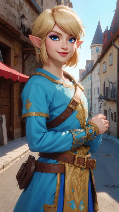 Link,short blond hair,pointy ears,blue eyes,light makeup,
LGear,belt,bridal gauntlets,blue tunic,
mercenary tavern,outside,village,street,
(insanely detailed, beautiful detailed face, masterpiece, best quality) standing,upper body,smiling,
<lora:fbLink-10v...