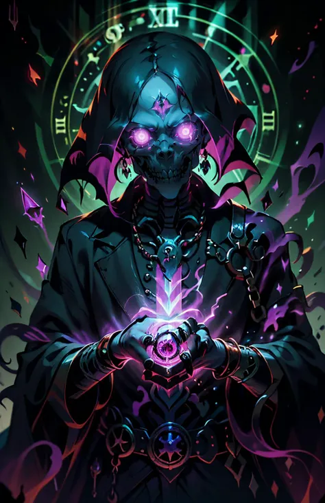 undead necromancer manipulating time magic, evil spells, time flow, necrotic,ChronomancyAI,NecromancyAI <lora:ChronomancyAI:0.8> <lora:NecromancyAI:0.4> <lora:NijiExpressV2:0.6> fcPortrait