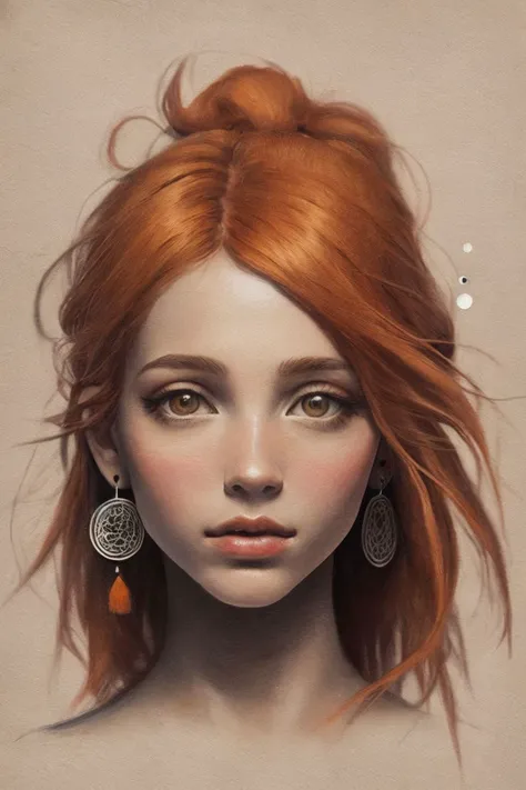 considering a painting print with a dark girl with orange hair looking straight with no features. She has tiny dot earrings. make it like a drawing like it was painted. light brown background, please make accompanying images as if part of a wall set of 3, ...