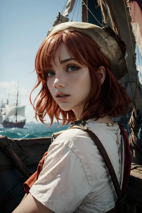 portrait of emilyrudd, nami, a woman, redhead,  short red hair, in a pirate ship, <lora:emilyrudd:1>