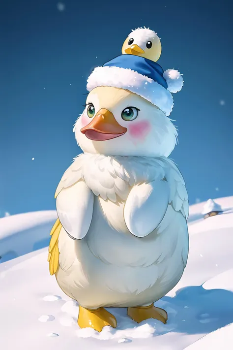 A small, soft and cuddly yellow duck standing on the snow with a cute hat, in the style of disney animation, Pure green background, soft illuination, very clean pictures, qian xuan, lively facial expressions, victor nizovtsev, 32k uhd, cute cartoonish desi...