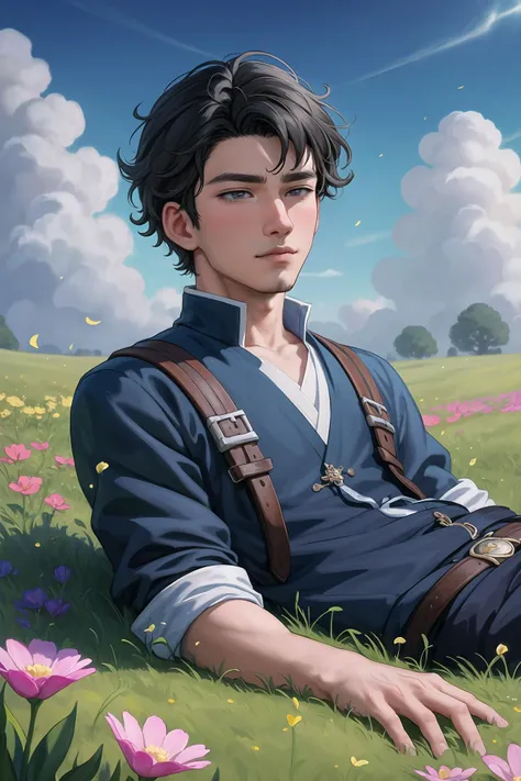 A boy lying in a field of flowers, in the style of anime inspired, detailed atmospheric portraits, bayard wu, wavy, light sky - blue and dark gray, romantic academia, óscar domínguez