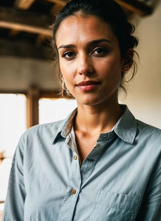 RAW portrait photo of beautiful young sks woman, Button-down shirt and chinos, natural lighting, by Gerda Taro, detailed face, UHD, absurdres, epic scene composition, 
cinematic look, Fujifilm XT3, dslr, high quality, film grain 
 <lora:locon_jessicaalba_v...