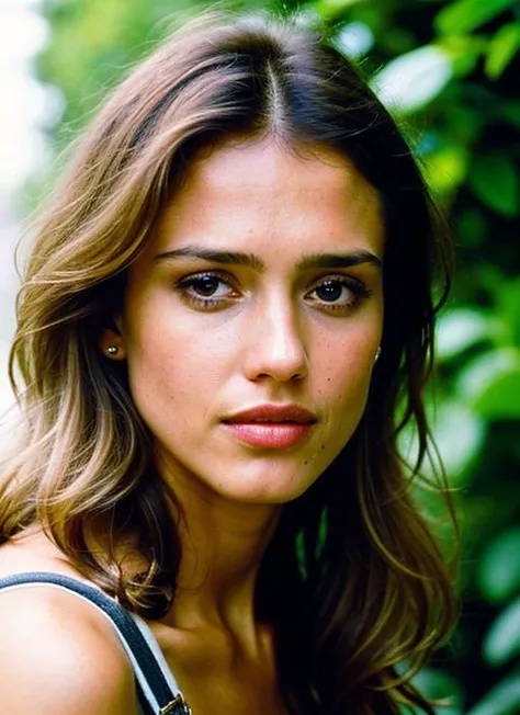 A stunning intricate color close up portrait of (sks woman:1) , wearing Overalls, epic character composition, sharp focus, natural lighting, subsurface scattering, f2, 35mm, film grain, , by Henri Cartier-Bresson, <lora:locon_jessicaalba_v1_from_v1_64_32:1...