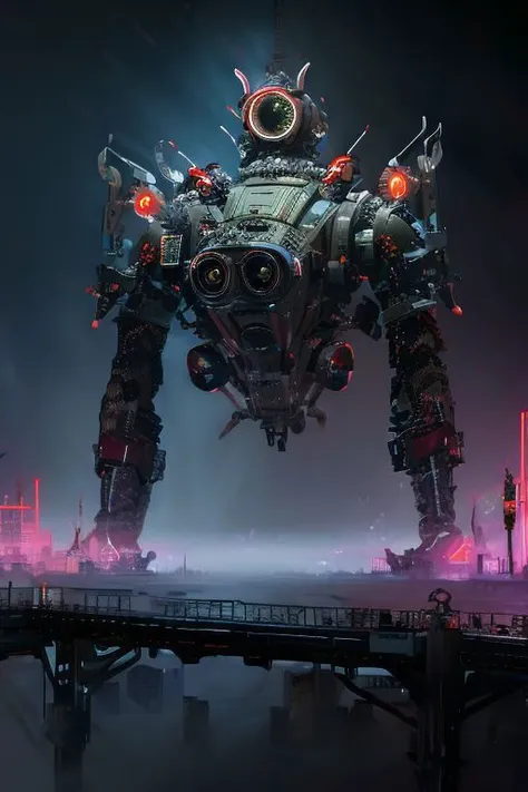 a large robot standing on top of a bridge next to a body of water