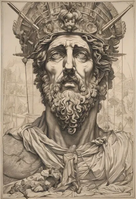 a drawing of a man with a beard and a crown on his head