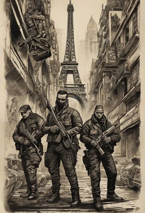 a drawing of soldiers in front of the eiffel tower