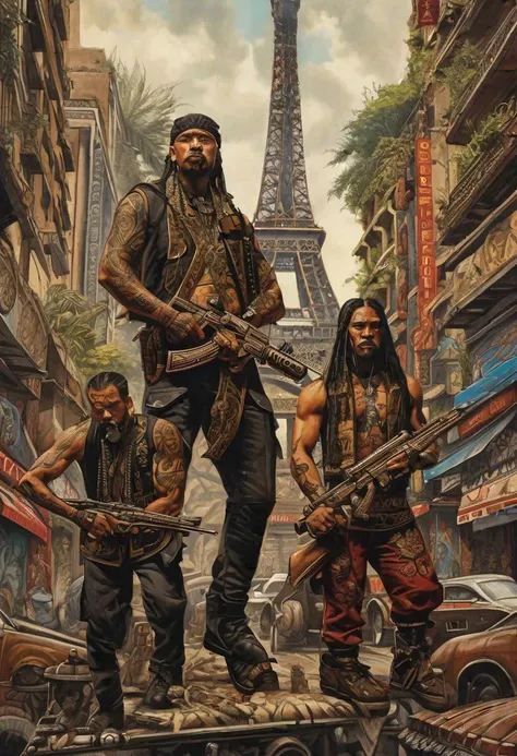 a painting of three men with guns standing in front of a building