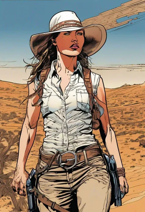 a woman in a hat and a white shirt is walking through the desert