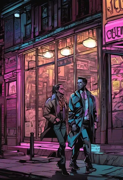 a cartoon of two men walking down a street in front of a store