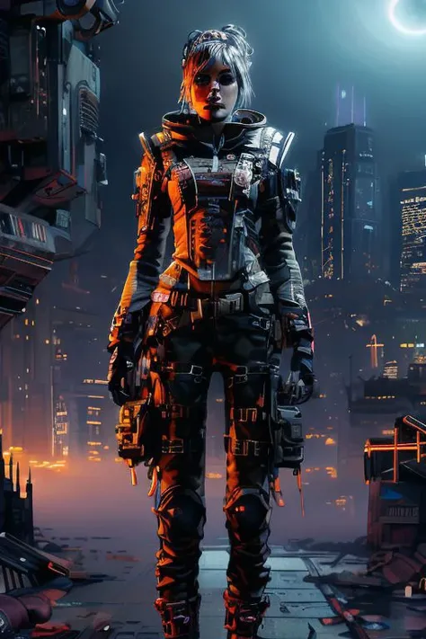 a woman in a futuristic outfit standing on a rooftop at night