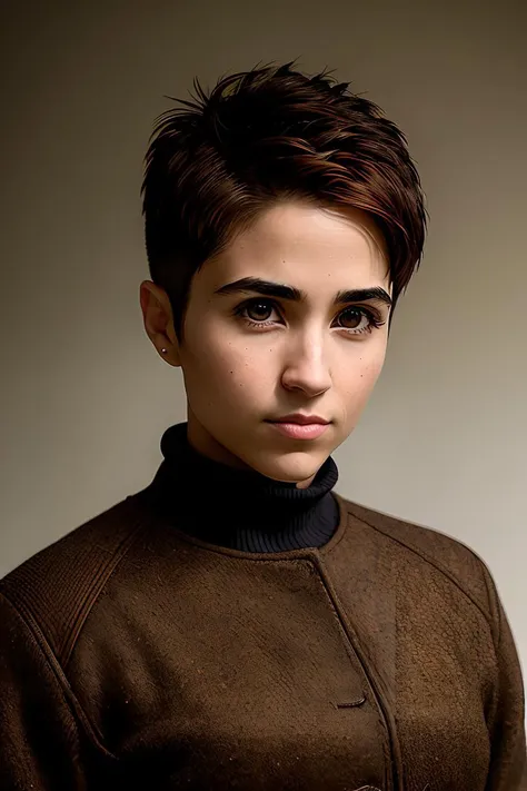 photo of (m3ln4avia:0.99), a woman, RAW, close portrait photo, long brown coat, turtleneck, short pixie haircut, slim body, (high detailed skin:1.2), 8k uhd, dslr, soft lighting, high quality, film grain, Fujifilm XT3 sharp focus, f 5.6