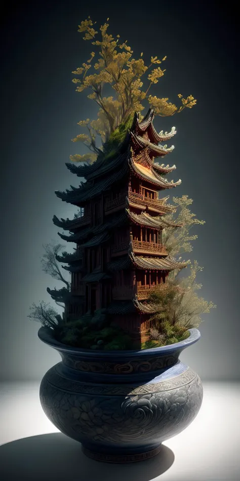 best quality, realistic, photorealistic, ultra detailed, "Mountain of Flower and Fruit+Fairy+Chinese Architecture" highly detailed carving on "southern ice" porcelain, Ultra wide angle, Accent Lighting, Volumetric Lighting, backlighting, (detailed light), ...