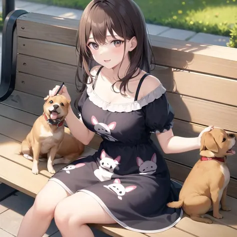 best quality, a woman sat in a bench , summer_dress, dogs printed in the dress