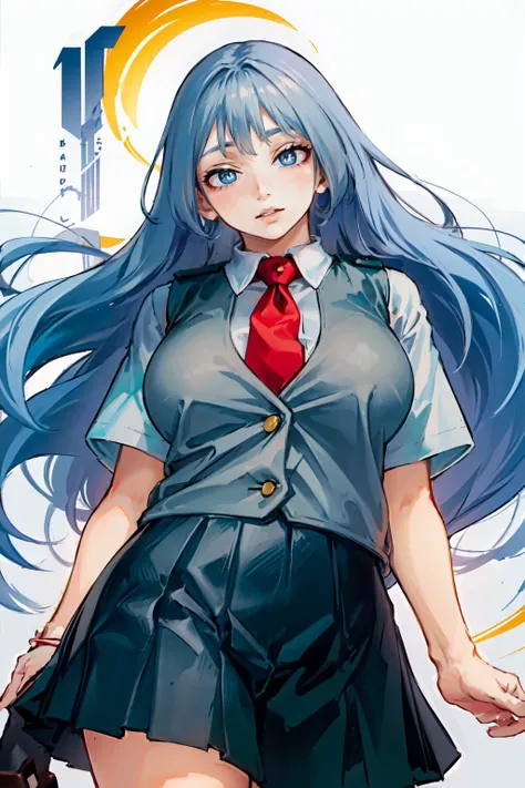 <lora:Michiking_V73:1>   <lora:hadou_nejire:0.9>bbnejire, blue eyes, blue hair, long hair, large breasts, u.a. school uniform, (gray vest:1.2), red necktie, collared shirt, white shirt, short sleeves, green skirt, blue skirt, (black socks:1.2), loafers,, u...