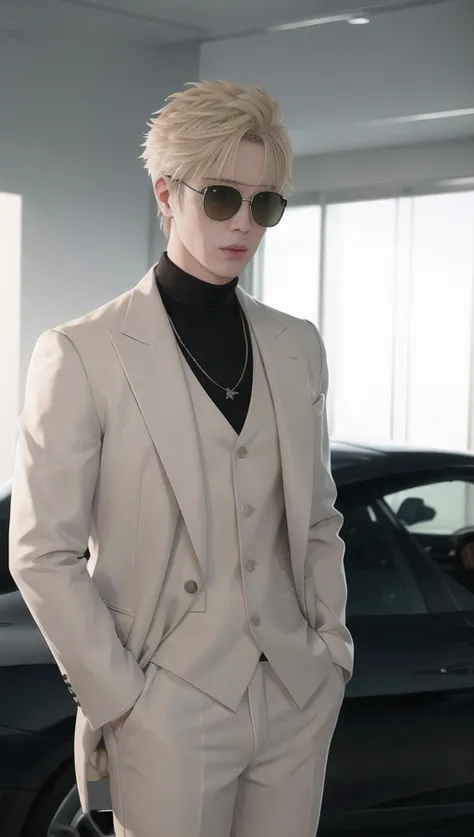 (masterpiece), (best_quality), (ultra-detailed), (illustration) 1man, solo, wearing white suit, black turtleneck, white pants, Dior Belt, blonde Hair pompadour undercut style, stand in front of hyper car, man pose, Ray band Sunglasses, (cross earring), nec...