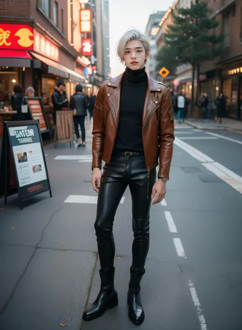 a man in a leather jacket and black pants standing on a street