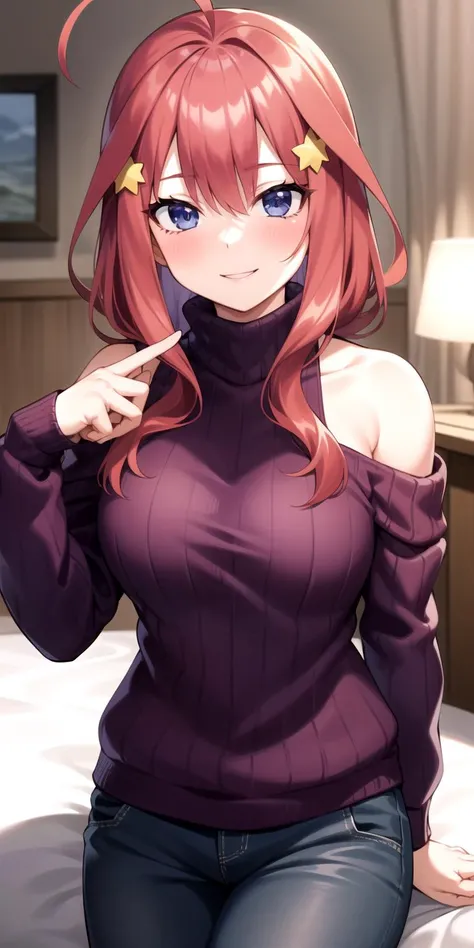 2d, masterpiece, best quality, anime, highly detailed, 1girl, solo, cowboy shot, nakano itsuki, red hair, long hair, star hair ornament, purple sweater, turtleneck, long sleeves, (off shoulder:0.9), ahoge, medium breats, smile, bedroom<lyco:quintuplets-10-...