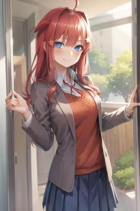 (masterpiece, absurdres:1.1), 1girl, [monika, green eyes, brown hair, blazer, brown sweater, collared shirt, neck ribbon, blue skirt, <lora:ddlc:1>:nakano itsuki, red hair, long hair, star hair ornament, ahoge, red sweater, <lora:quintuplets:1>:15], school...