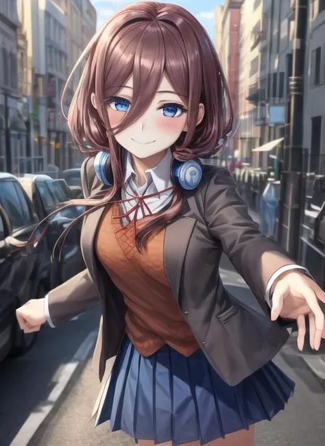 (masterpiece, absurdres:1.1), 1girl, nakano miku, dark brown hair, hair between eyes, headphones, (dark blue skirt:0.9), (hair between eyes:1.2), (happy smile, looking at viewer,  :1.2), school uniform, happy, blush, [:(detailed face:1.2):3], (small breast...