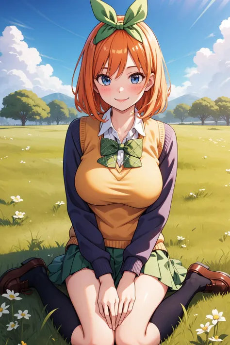 best quality, masterpiece, highres, solo,(mature female, milf:1.4), looking at viewer, 
nakano yotsuba, orange hair, hair bow, green bowtie, yellow sweater, school uniform, 
light smile, blush,grass, field, wariza, 
<lora:quintuplets:0.8>