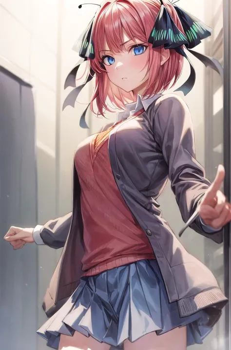 (masterpiece, absurdres, battoujutsu stance:1.2), 1girl, nakano nino, pink hair, butterfly hair ornament, black cardigan, short hair, [<lora:ddlc:1>:<lora:quintuplets:1>:12], school uniform, (serious,  :0.9), [:(detailed face, detailed eyes:1.2):3],  <lora...