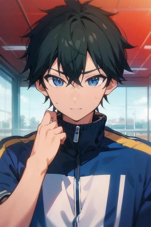 masterpiece, best quality, high quality, 1boy, solo, male focus, looking at viewer, upper body, <lora:masamune_makabe:0.70>, masamune_makabe, black hair, blue eyes, sportswear