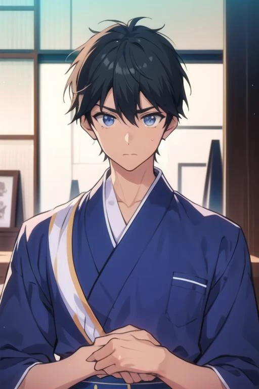 masterpiece, best quality, high quality, 1boy, solo, male focus, looking at viewer, upper body, <lora:masamune_makabe:0.76>, masamune_makabe, black hair, blue eyes, yukata