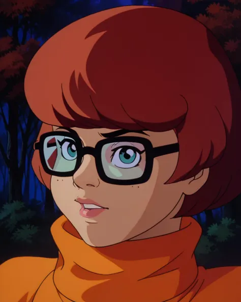 a close up of a person wearing glasses in a forest