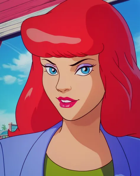 a close up of a cartoon character with red hair and blue eyes