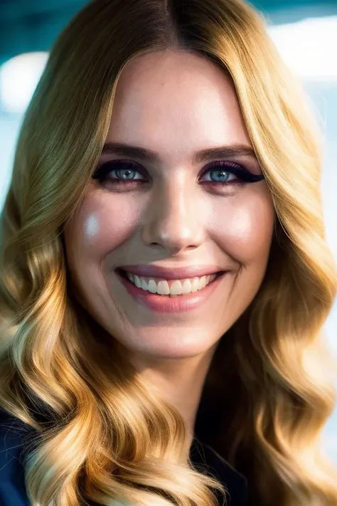 a close up of a woman with long blonde hair smiling