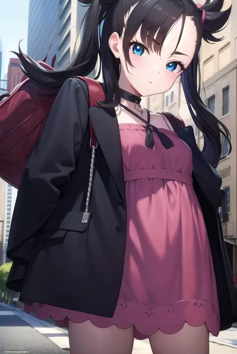 pokemonmarnie, <lyco:pokemonmarnie-lyco-nochekaiser:1>,
pokemonmarnie, aqua eyes, asymmetrical bangs, asymmetrical hair, black hair, hair ribbon, long hair, red ribbon, ribbon, twintails, (small breasts:1.2),
BREAK backpack, bag, black choker, black jacket...