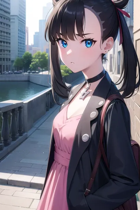 pokemonmarnie, <lyco:pokemonmarnie-lyco-nochekaiser:1>,
pokemonmarnie, aqua eyes, asymmetrical bangs, asymmetrical hair, black hair, hair ribbon, long hair, red ribbon, ribbon, twintails, (small breasts:1.2),
BREAK backpack, bag, black choker, black jacket...