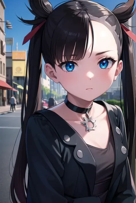 pokemonmarnie, <lyco:pokemonmarnie-lyco-nochekaiser:1>,
pokemonmarnie, aqua eyes, asymmetrical bangs, asymmetrical hair, black hair, hair ribbon, long hair, red ribbon, ribbon, twintails, (small breasts:1.2),
BREAK backpack, bag, black choker, black jacket...