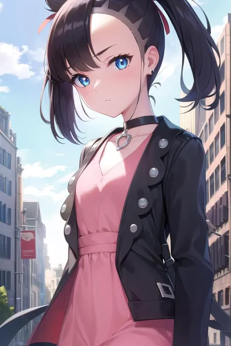 pokemonmarnie, <lyco:pokemonmarnie-lyco-nochekaiser:1>,
pokemonmarnie, aqua eyes, asymmetrical bangs, asymmetrical hair, black hair, hair ribbon, long hair, red ribbon, ribbon, twintails, (small breasts:1.2),
BREAK backpack, bag, black choker, black jacket...