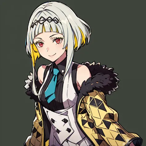 best quality, masterpiece, 1girl, solo, a cute picture of ringosh2, shirt, jacket, black gloves, necktie, hairband, white shorts, upper body, simple background, FFE14, FE14-Style, Fire Emblem, Fire Emblem Fates, smile,  <lora:Ringo_Fp:1>, <lyco:FE14 Style:...