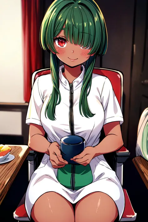 anime girl sitting in a chair with a bowl of food