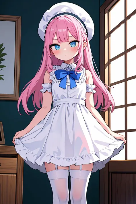 anime girl in a white dress and blue bow tie standing in a room