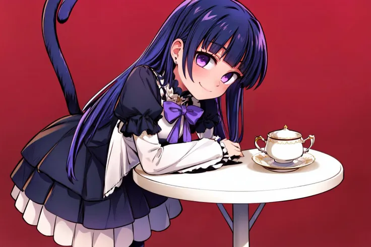 anime girl with long hair and purple dress sitting at a table