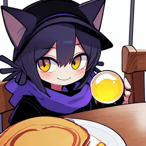 absurdres,masterpiece,<lora:niko:0.8>,1girl,niko,hat,scarf,fur,cat ears,sitting at a small table,pancakes on table,smile,looking at viewer,holding a giant lightbulb, in a diner,